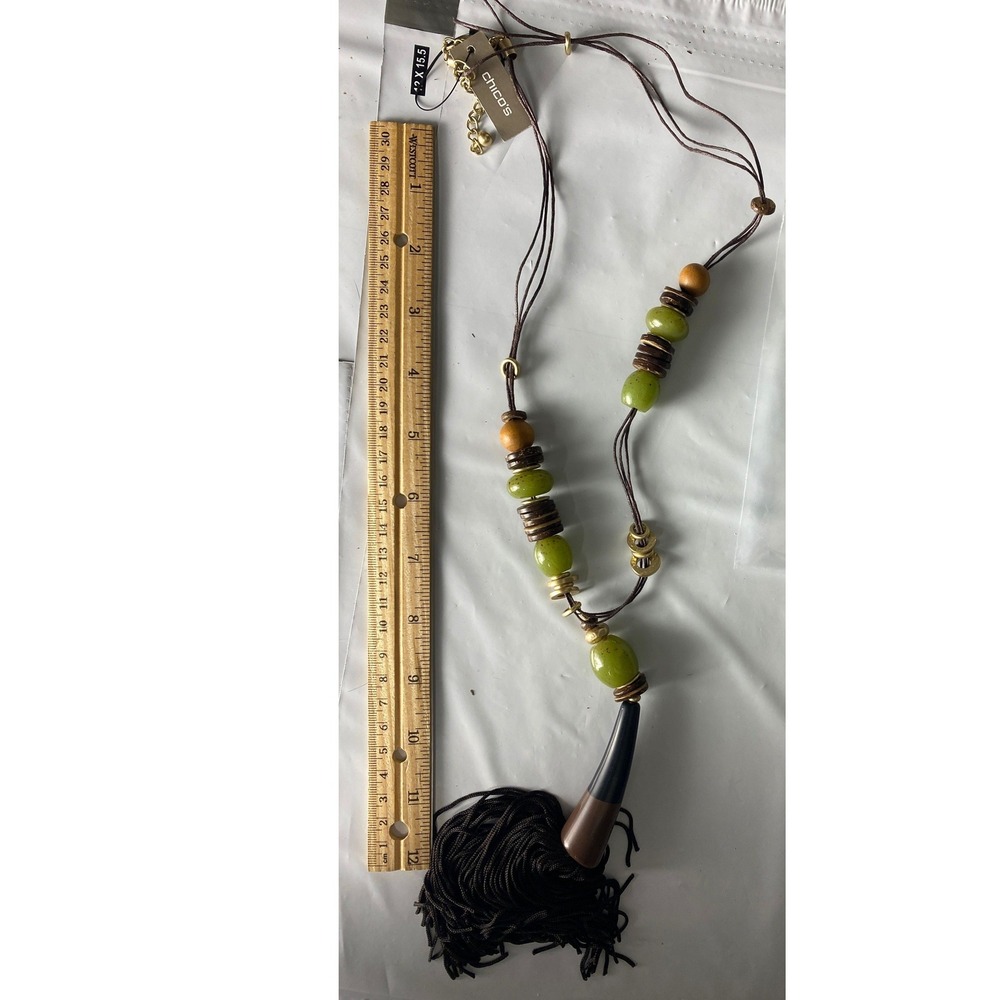 Chicos Statement Necklace Green Brown Beaded Tassel Cord Adjustable Boho New